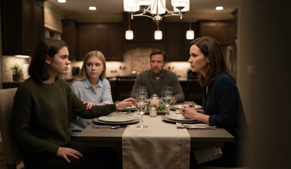 Two teenage sisters at a tense family dinner with their controlling mother shortly before the golden child sister went missing.