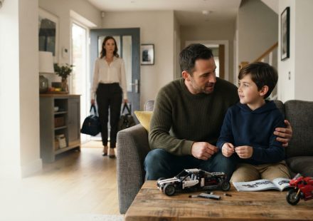 A concerned father reviews parental documents while his young son and ex-wife stand in the background.