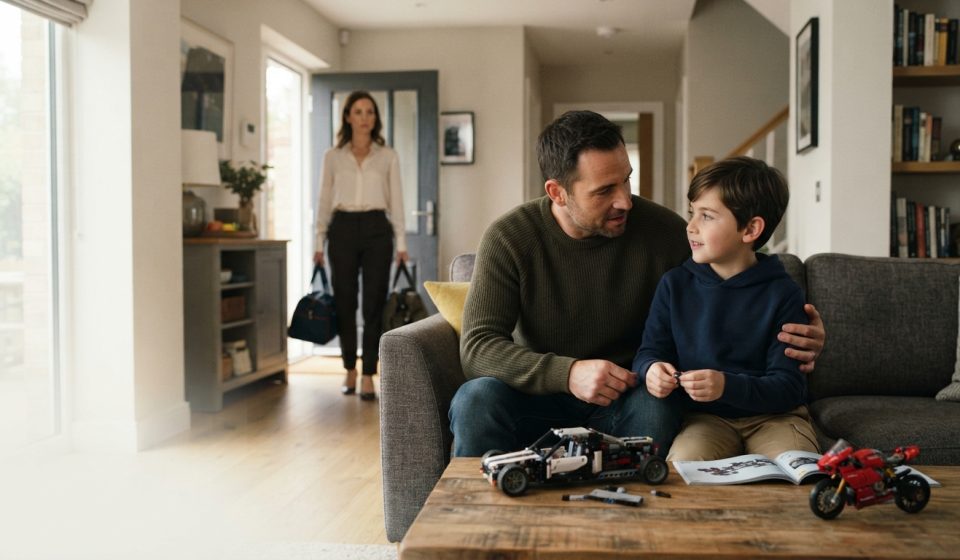 A concerned father reviews parental documents while his young son and ex-wife stand in the background.