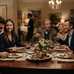 Mother quietly listening as her daughter's future in-laws speak French around her during an elegant family dinner.