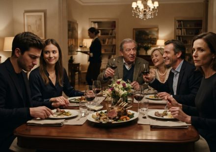 Mother quietly listening as her daughter's future in-laws speak French around her during an elegant family dinner.