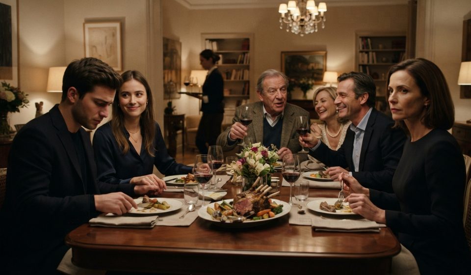 Mother quietly listening as her daughter's future in-laws speak French around her during an elegant family dinner.