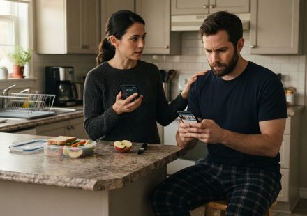 A married couple sitting together in their kitchen during an early-morning speakerphone call as the husband shows his wife something concerning on his phone.