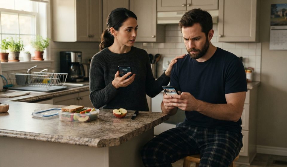 A married couple sitting together in their kitchen during an early-morning speakerphone call as the husband shows his wife something concerning on his phone.