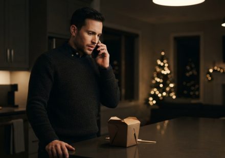 A 33-year-old man standing alone in his kitchen during a tense phone call after being told not to attend his family's Christmas celebration.