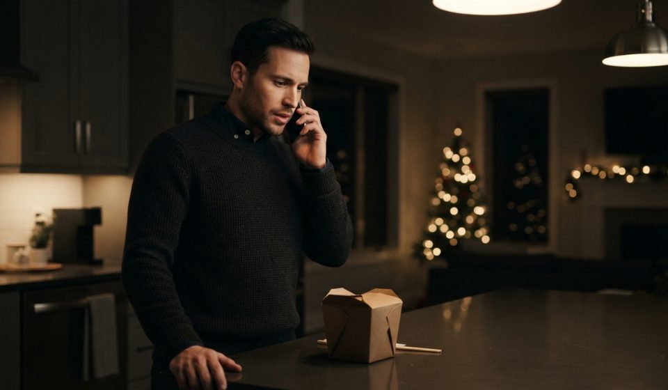 A 33-year-old man standing alone in his kitchen during a tense phone call after being told not to attend his family's Christmas celebration.