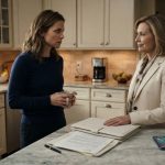 Claire watches her mother suspiciously as she places a mysterious white leather folder on the kitchen table after an unexpected bank call.