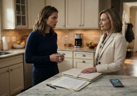 Claire watches her mother suspiciously as she places a mysterious white leather folder on the kitchen table after an unexpected bank call.