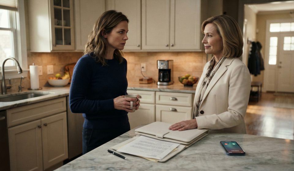 Claire watches her mother suspiciously as she places a mysterious white leather folder on the kitchen table after an unexpected bank call.