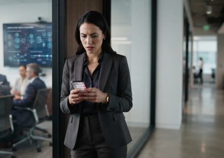 Successful professional woman staring at a troubling phone message after learning she was not invited to the wedding she helped finance.