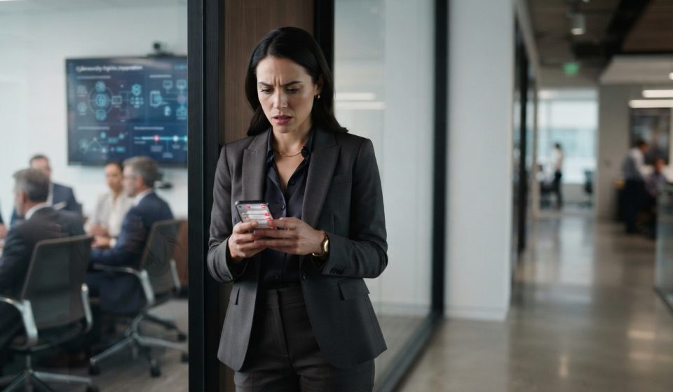 Successful professional woman staring at a troubling phone message after learning she was not invited to the wedding she helped finance.