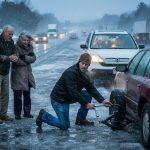 A father stops during a freezing Thanksgiving snowstorm to help an elderly couple change a shredded tyre on the highway.