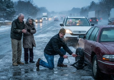 A father stops during a freezing Thanksgiving snowstorm to help an elderly couple change a shredded tyre on the highway.