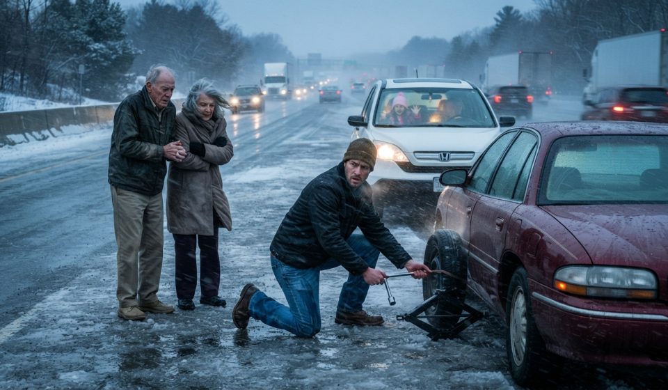 A father stops during a freezing Thanksgiving snowstorm to help an elderly couple change a shredded tyre on the highway.