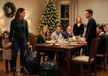 Brother threw trash bags at me during a tense family Christmas dinner while my young daughter stood behind me.