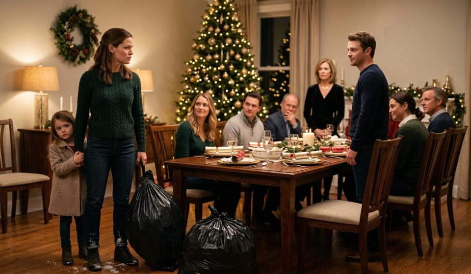 Brother threw trash bags at me during a tense family Christmas dinner while my young daughter stood behind me.