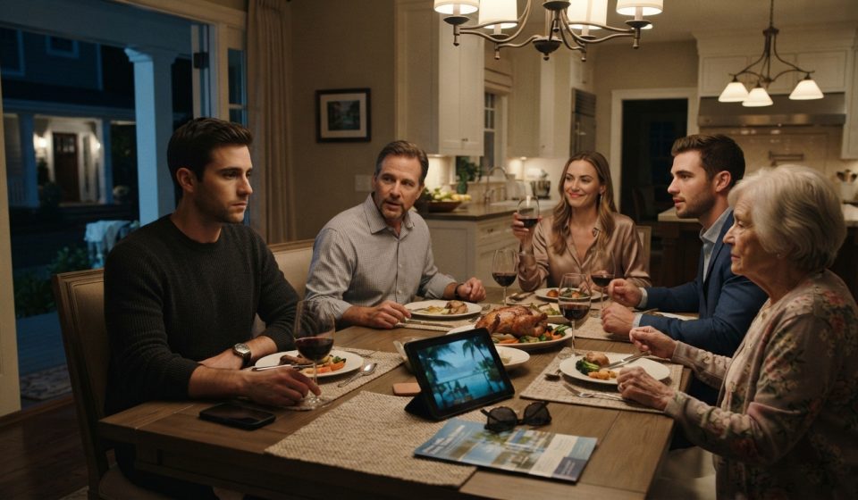 A 29-year-old freelancer sits stunned at Sunday dinner after his family tells him he is not coming on the family cruise.