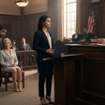 Victoria standing calmly in court as the judge recognizes her while her surprised mother and brother watch from across the courtroom.