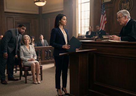 Victoria standing calmly in court as the judge recognizes her while her surprised mother and brother watch from across the courtroom.