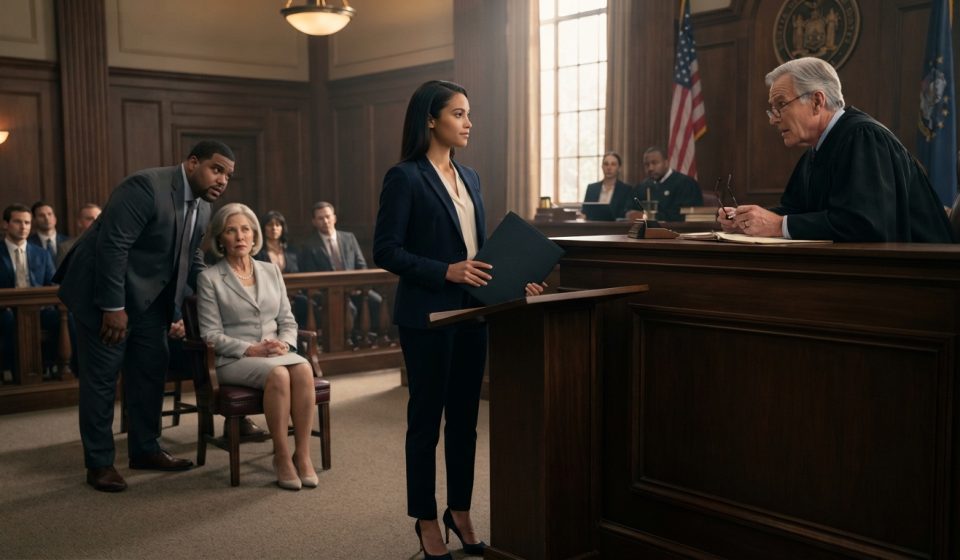 Victoria standing calmly in court as the judge recognizes her while her surprised mother and brother watch from across the courtroom.