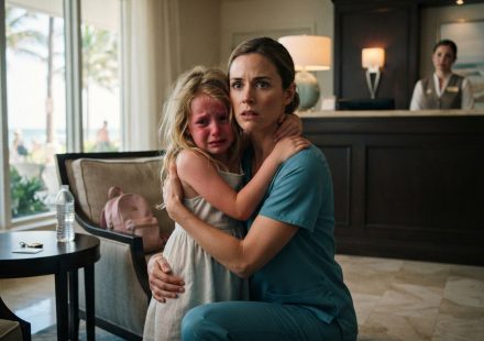 A concerned nurse reunites with her eight-year-old daughter in a beachside hotel lobby after the child was left alone in a hot room.