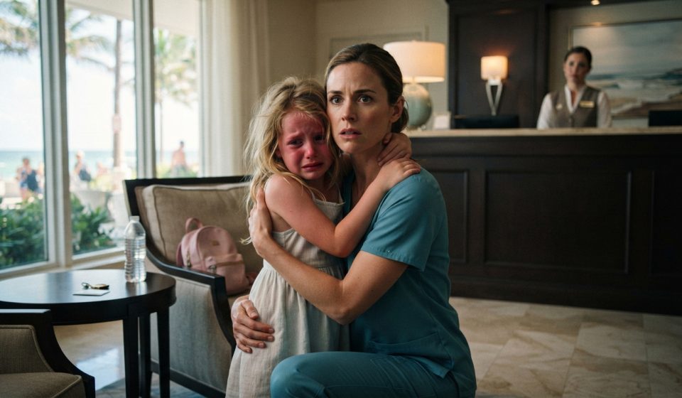 A concerned nurse reunites with her eight-year-old daughter in a beachside hotel lobby after the child was left alone in a hot room.