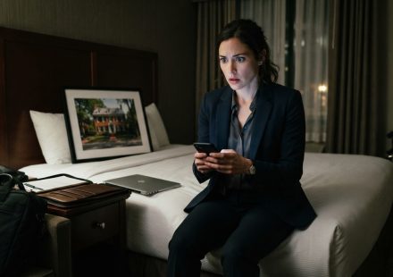 Professional woman staring at her phone in a Seattle hotel room after learning her family sold her Alexandria house without permission.