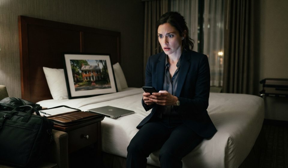 Professional woman staring at her phone in a Seattle hotel room after learning her family sold her Alexandria house without permission.