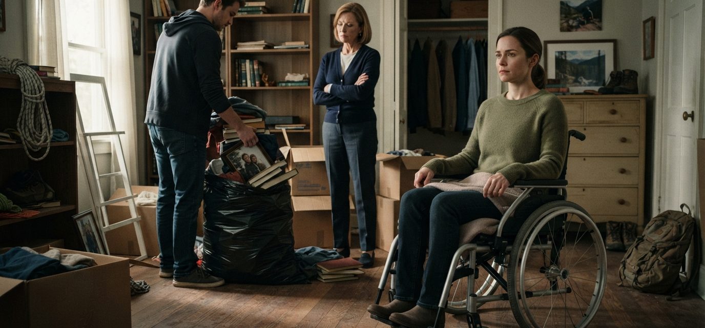 Woman recovering in a wheelchair watches her brother pack her belongings into trash bags as her mother tells her she must leave.