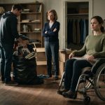 Woman recovering in a wheelchair watches her brother pack her belongings into trash bags as her mother tells her she must leave.