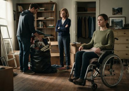 Woman recovering in a wheelchair watches her brother pack her belongings into trash bags as her mother tells her she must leave.