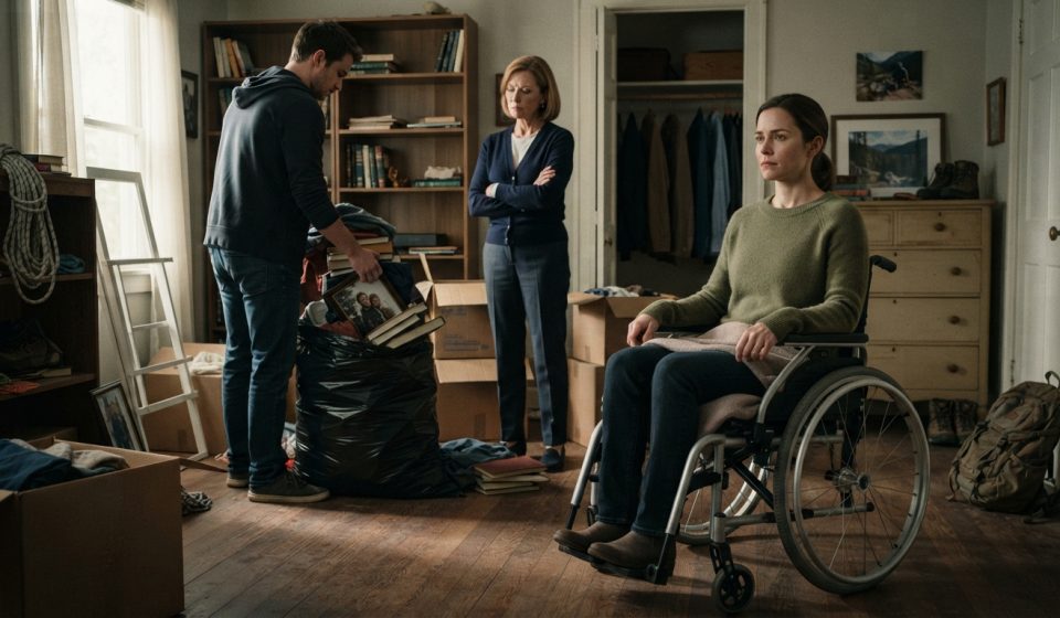 Woman recovering in a wheelchair watches her brother pack her belongings into trash bags as her mother tells her she must leave.