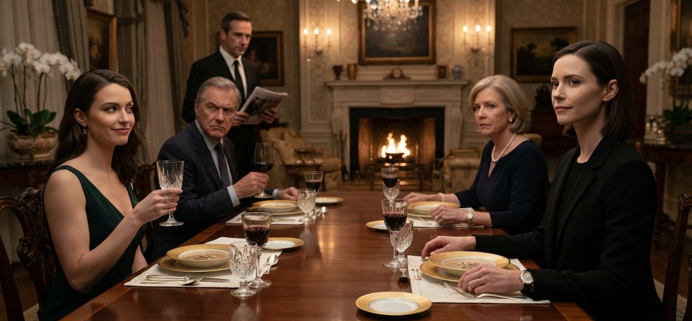 Woman in a simple black blazer sitting calmly at an elegant family dinner while her sister laughs and a butler approaches carrying a magazine.