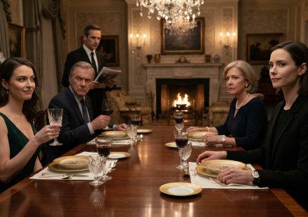 Woman in a simple black blazer sitting calmly at an elegant family dinner while her sister laughs and a butler approaches carrying a magazine.