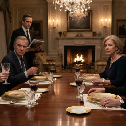 Woman in a simple black blazer sitting calmly at an elegant family dinner while her sister laughs and a butler approaches carrying a magazine.