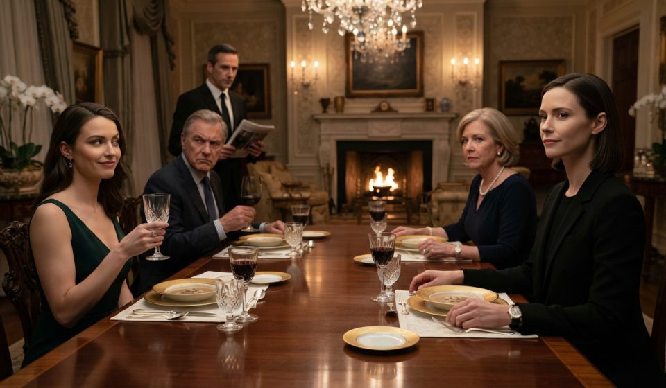 Woman in a simple black blazer sitting calmly at an elegant family dinner while her sister laughs and a butler approaches carrying a magazine.