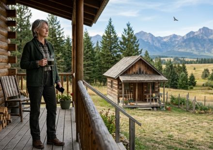 Retired woman standing outside her Montana cabin after learning her daughter-in-law plans to move her parents onto the property.
