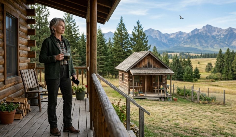 Retired woman standing outside her Montana cabin after learning her daughter-in-law plans to move her parents onto the property.