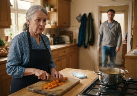 Older woman quietly staring at her son's illuminated phone while preparing soup in her kitchen as he approaches from the hallway.
