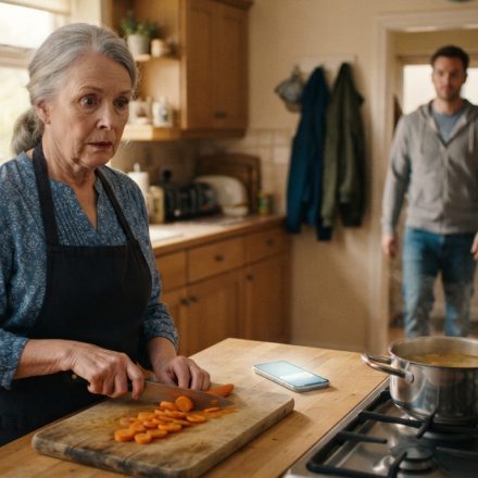 Older woman quietly staring at her son's illuminated phone while preparing soup in her kitchen as he approaches from the hallway.