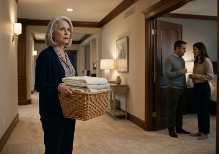 Grace holding a basket of folded laundry in the hallway as she overhears her son telling his wife that she lives off him.