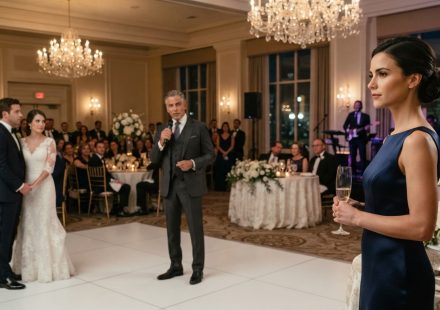 A composed woman beside a wedding cake watching the groom's wealthy father take the microphone during her younger sister's reception.