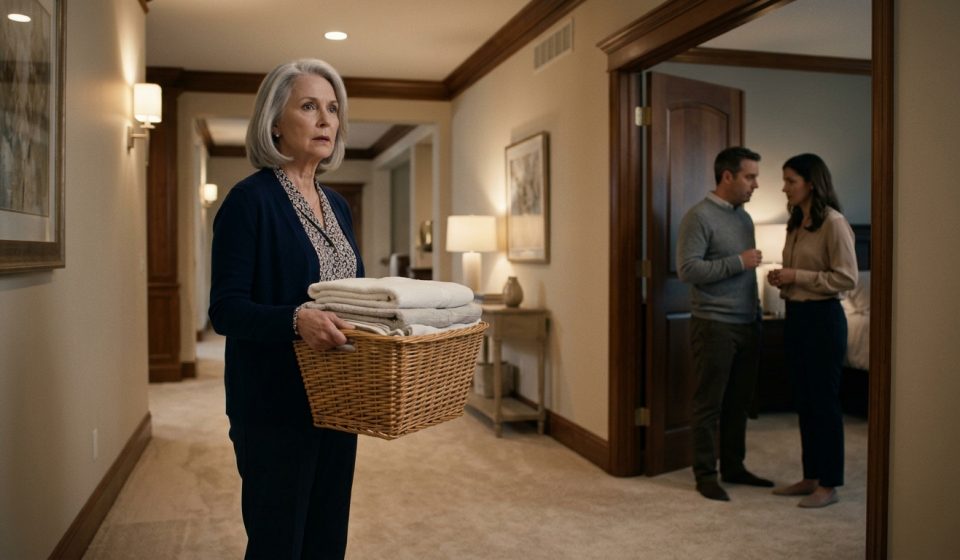 Grace holding a basket of folded laundry in the hallway as she overhears her son telling his wife that she lives off him.