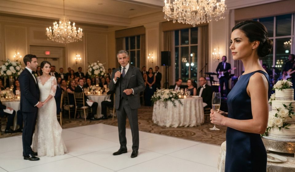 A composed woman beside a wedding cake watching the groom's wealthy father take the microphone during her younger sister's reception.
