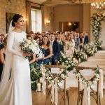 Bride walking down her wedding aisle while two reserved front-row chairs for her parents remain empty