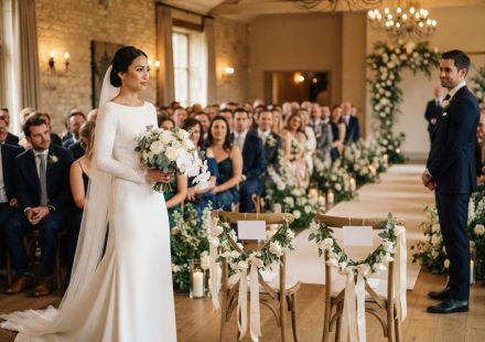 Bride walking down her wedding aisle while two reserved front-row chairs for her parents remain empty