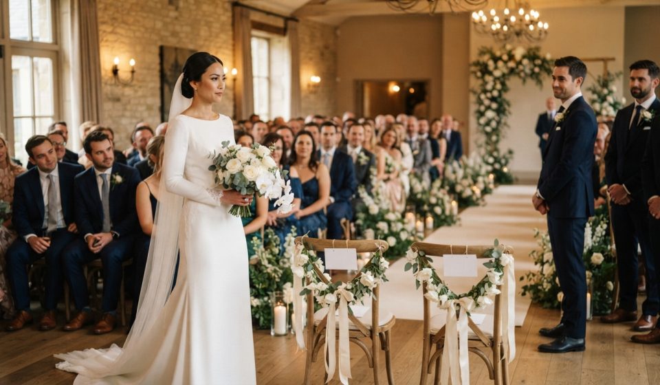 Bride walking down her wedding aisle while two reserved front-row chairs for her parents remain empty