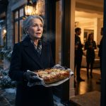 A 68-year-old mother carrying homemade baked ziti toward her daughter's lavish housewarming party on a freezing winter evening.