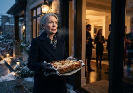 A 68-year-old mother carrying homemade baked ziti toward her daughter's lavish housewarming party on a freezing winter evening.