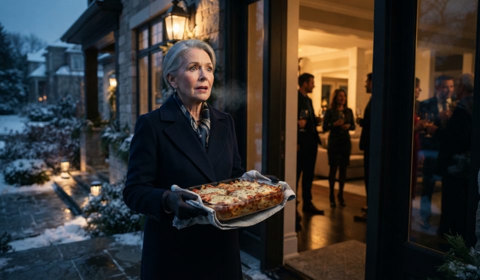 A 68-year-old mother carrying homemade baked ziti toward her daughter's lavish housewarming party on a freezing winter evening.
